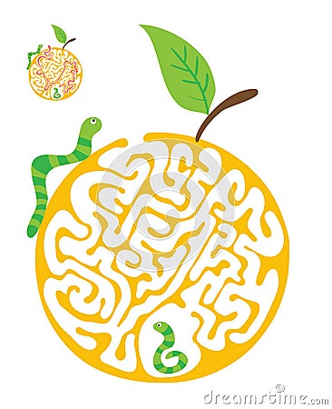 Maze puzzle for kids with caterpillars and apple. Labyrinth illustration, solution included. Vector Illustration