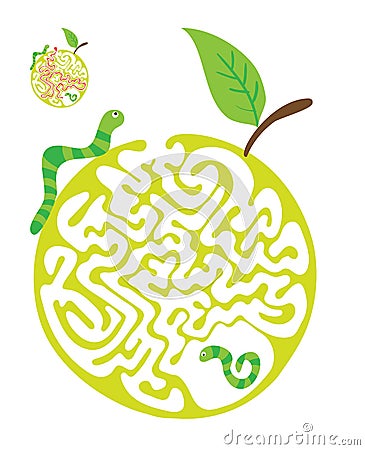 Maze puzzle for kids with caterpillars and apple. Labyrinth illustration, solution included. Vector Illustration
