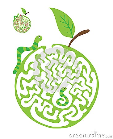 Maze puzzle for kids with caterpillars and apple. Labyrinth illustration, solution included. Vector Illustration