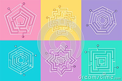Maze way game set, riddle puzzle collection. Square, circle path and polygonal shapes, mental labyrinth, exit from map Vector Illustration