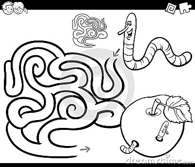 Maze with worm and apple coloring page Vector Illustration