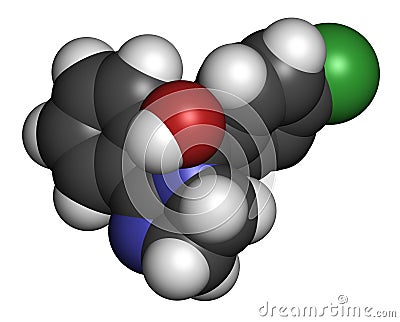 Mazindol appetite suppressant drug molecule. 3D rendering. Atoms are represented as spheres with conventional color coding:. Stock Photo