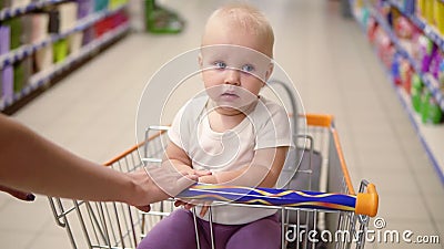 Mały śliczny dziecka obsiadanie w sklep spożywczy furze w supermarkecie patrzeje wokoło Macierzysty ` s wręcza pchać furę naprzód zbiory Mały śliczny dziecka obsiadanie w sklep spożywczy furze w supermarkecie patrzeje wokoło Macierzysty ` s wręcza pchać furę naprzód zbiory
