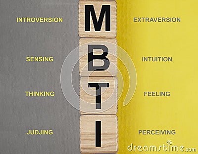 MBTI test and its types, dichotomies concept. Acronym on cubes Stock Photo