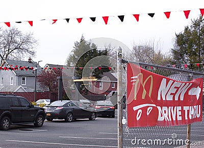 Mc Donald`s Drive Thru Line People Driving Cars Lining Up for Food NYC Editorial Stock Photo