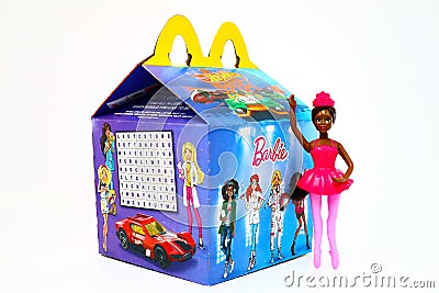 McDonald`s Happy Meal cardboard box with Mattel Barbie doll Editorial Stock Photo