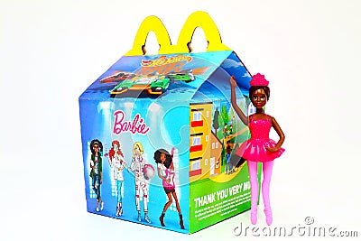 McDonald`s Happy Meal cardboard box with Mattel Barbie doll Editorial Stock Photo