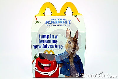 McDonald`s Happy Meal cardboard box with PETER RABBIT 2018 Animated Film Editorial Stock Photo