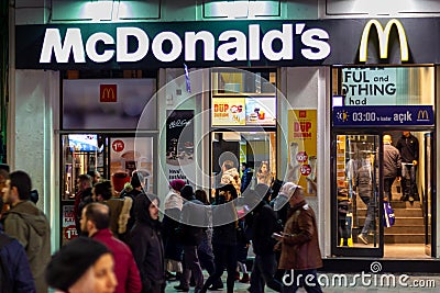 McDonald`s Restaurant in Istiklal Street, exterior view at night Editorial Stock Photo