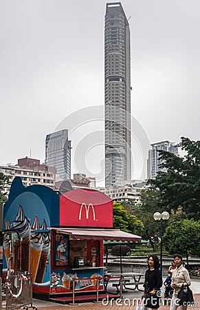 Mcdonalds and Hyatt Regency hotel towers from Kowloon Park, Hong Kong China Editorial Stock Photo