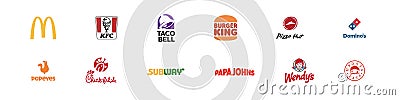 Mcdonalds, KFC, Taco Bell, Burger King, Pizza Hut, Dominos, Popeyes, ChickFilA, Subway, Papa Johns, Wendys fast food logo set. Cartoon Illustration