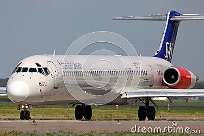 McDonnell Douglas MD-82 SE-DIK of SAS Scandinavian Airlines taxiing at Sheremetyevo international airport. Editorial Stock Photo