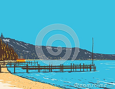 McKinney Bay on Lake Tahoe in the Sierra Nevada Mountains of Northern California WPA Poster Art Vector Illustration