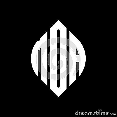 MDA circle letter logo design with circle and ellipse shape. MDA ellipse letters with typographic style. The three initials form a Vector Illustration
