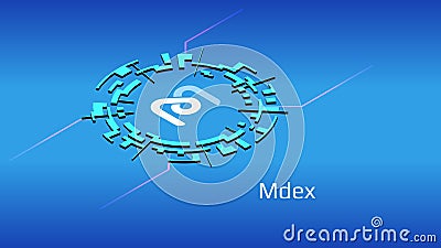 Mdex MDX isometric token symbol of the DeFi project in digital circle on blue background. Vector Illustration
