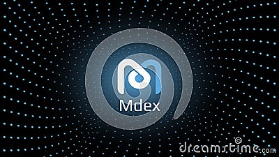 Mdex MDX token symbol cryptocurrency in the center of spiral of glowing dots on dark background. Vector Illustration
