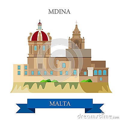 Mdina in Malta Europe flat vector attraction sight landmark Vector Illustration