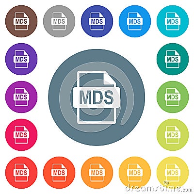 MDS file format flat white icons on round color backgrounds Stock Photo