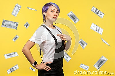 This is me, dollar millionaire. woman pointing at chest, looking proud and egoistic. Stock Photo