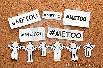 Me Too hashtag word on white papers and people on bulletin board. Me Too social movement hashtag against sexual assault and haras Stock Photo