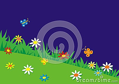 Meadow, butterflies, flowers and beetles, vector background. Abstract postcard, concept. Colored illustration, happy picture. Vector Illustration