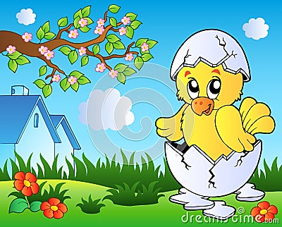 Meadow with cute chicken in egg Vector Illustration