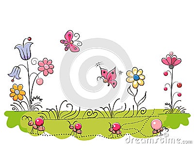 Meadow with Cute Flowers Vector Illustration