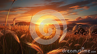 a meadow dominated by the gentle sway of wheatgrass, illuminated by the soft rays of the setting sun Stock Photo