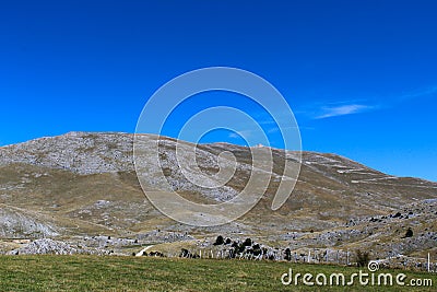 A meadow with a downed fence at the end of the meadow. In the background, mountain desolation. On the way to the mountain Stock Photo