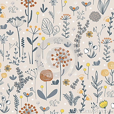 Meadow flowers and herbs boho seamless pattern. Blooming grass doodle background in Scandinavian style. Folk vector Stock Photo