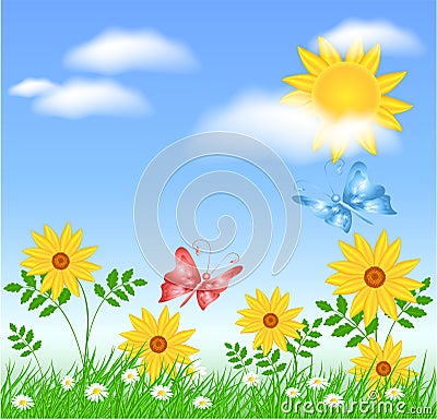 Meadow flowers and sun Vector Illustration