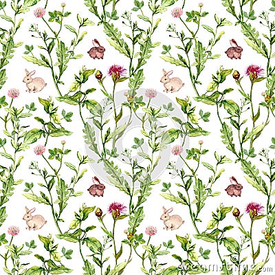 Meadow flowers, tiny rabbits. Seamless pattern. Watercolor Stock Photo