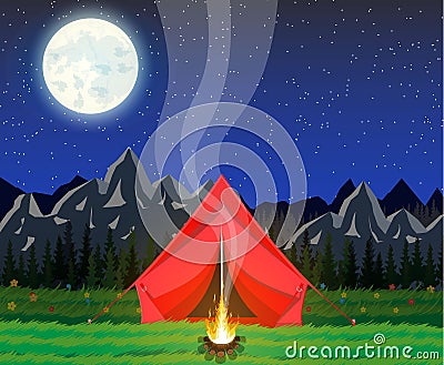 Meadow with grass and camping. Vector Illustration