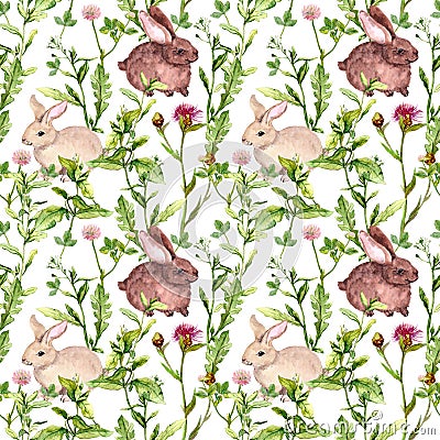 Meadow grass, flowers, rabbits. Seamless pattern. Watercolor Stock Photo