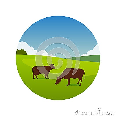 Meadow with grazing cows Vector Illustration