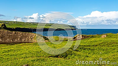 Meadow with green grass next to Doolin bay with the cliff in the background Stock Photo