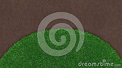 Meadow green grass surface and soil ground surface. Turf and terrain blank top view background. Advertising template or Banner for Stock Photo