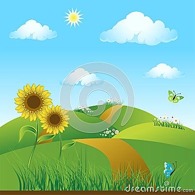 Meadow green, summer, sunflowe Vector Illustration