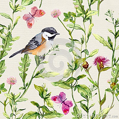 Meadow herbs, flowers, butterflies, bird. Repeated herbal pattern. Watercolor Stock Photo