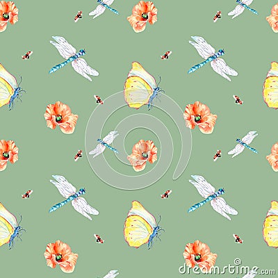 Meadow insects and flowers watercolor seamless pattern on green. Stock Photo