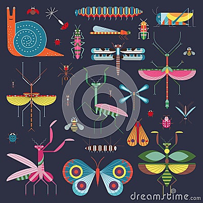 Meadow Insects and Geometric Bugs Icon Set Vector Illustration