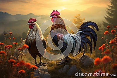 Meadow king a majestic rooster reigns over the peaceful landscape Stock Photo