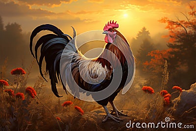 Meadow king a majestic rooster reigns over the peaceful landscape Stock Photo
