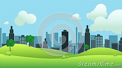 Meadow landscape with city on background Vector Illustration