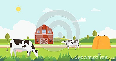 Meadow landscape with farm and cow eating grass vector illustration.Farm with cows and hays.Landscape with farm Vector Illustration