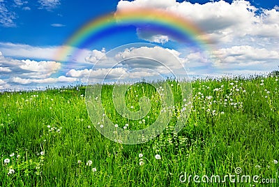 Meadow with rainbow Stock Photo