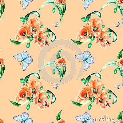 Meadow red flowers with butterflies watercolor seamless pattern on coral. Cartoon Illustration