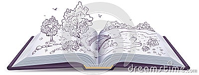 Meadow, River, bridge and trees in pages of an open book. Conceptual illustration Vector Illustration