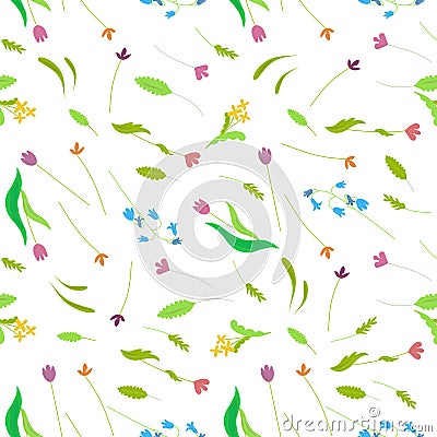 Meadow romantic colorful seamless pattern. Pink, blue, yellow flower, green flower Vector Illustration