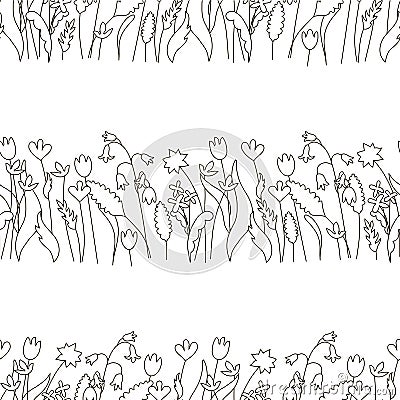 Meadow romantic monochrome seamless background. Outline plant stock vector illustration Vector Illustration
